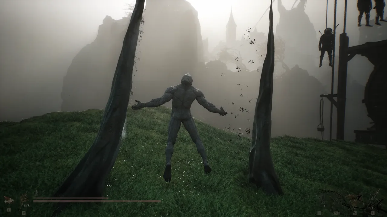 Player character suspended between huge roots as black particles drift through the fog