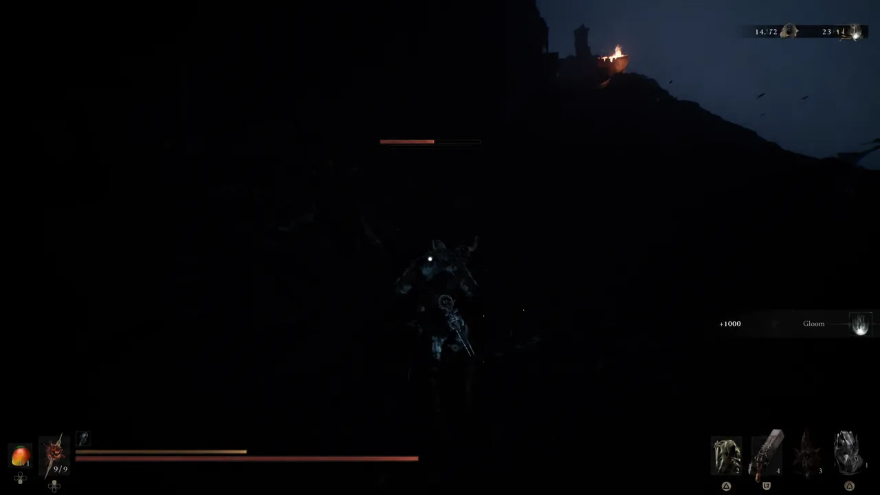 Player striking a Lithopod in The Unfound Path with a Gloom reward notification on screen