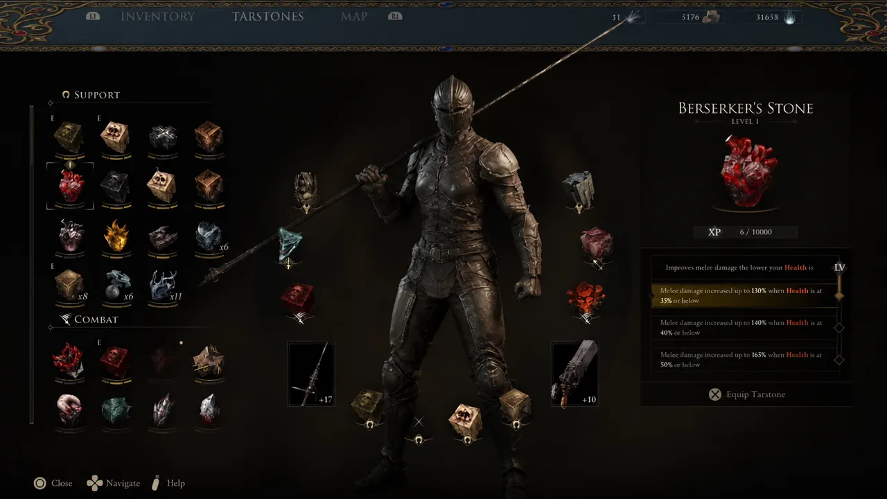 Tarstone inventory screen with a Fragile Tarstone highlighted and its details shown before equipping