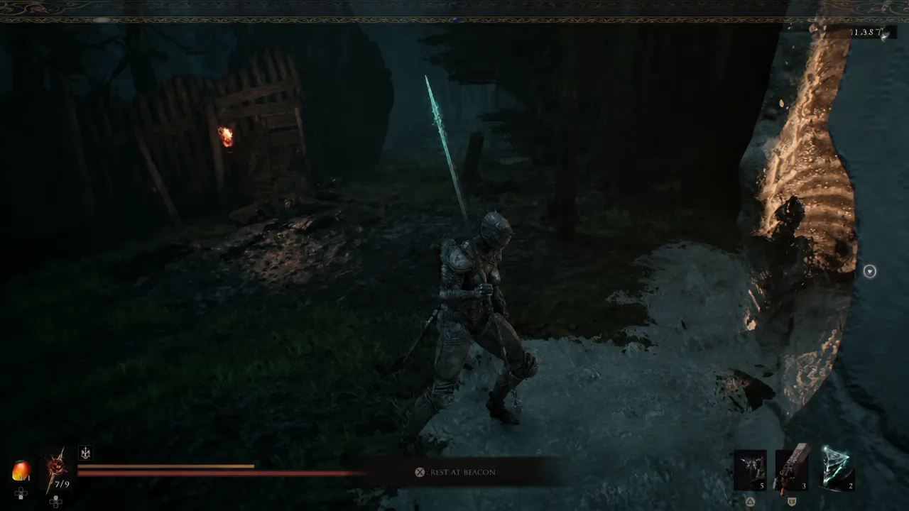 The REST AT BEACON prompt on screen as the character stands at the Sunken Village beacon