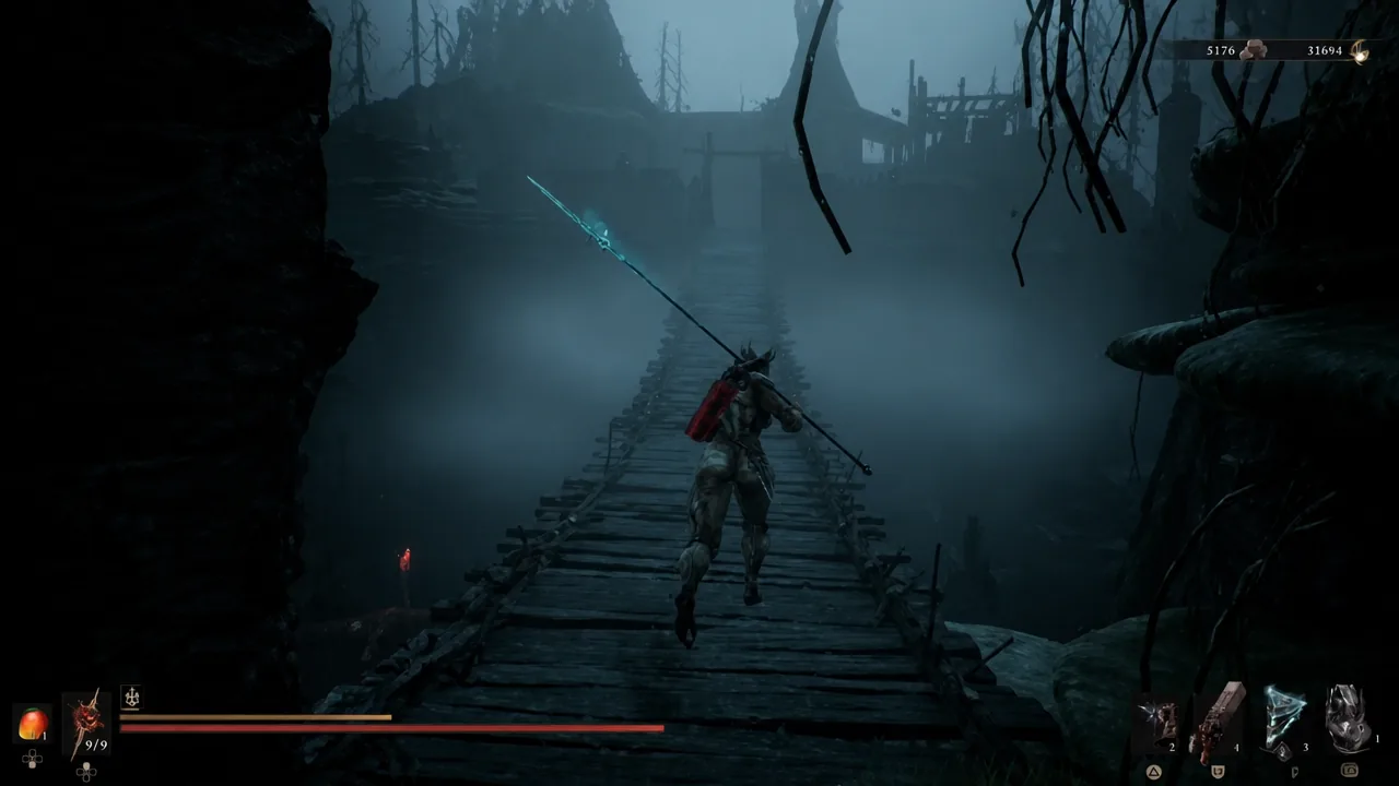 Returning across the bridge with a spear equipped for another pass at the respawned sheep