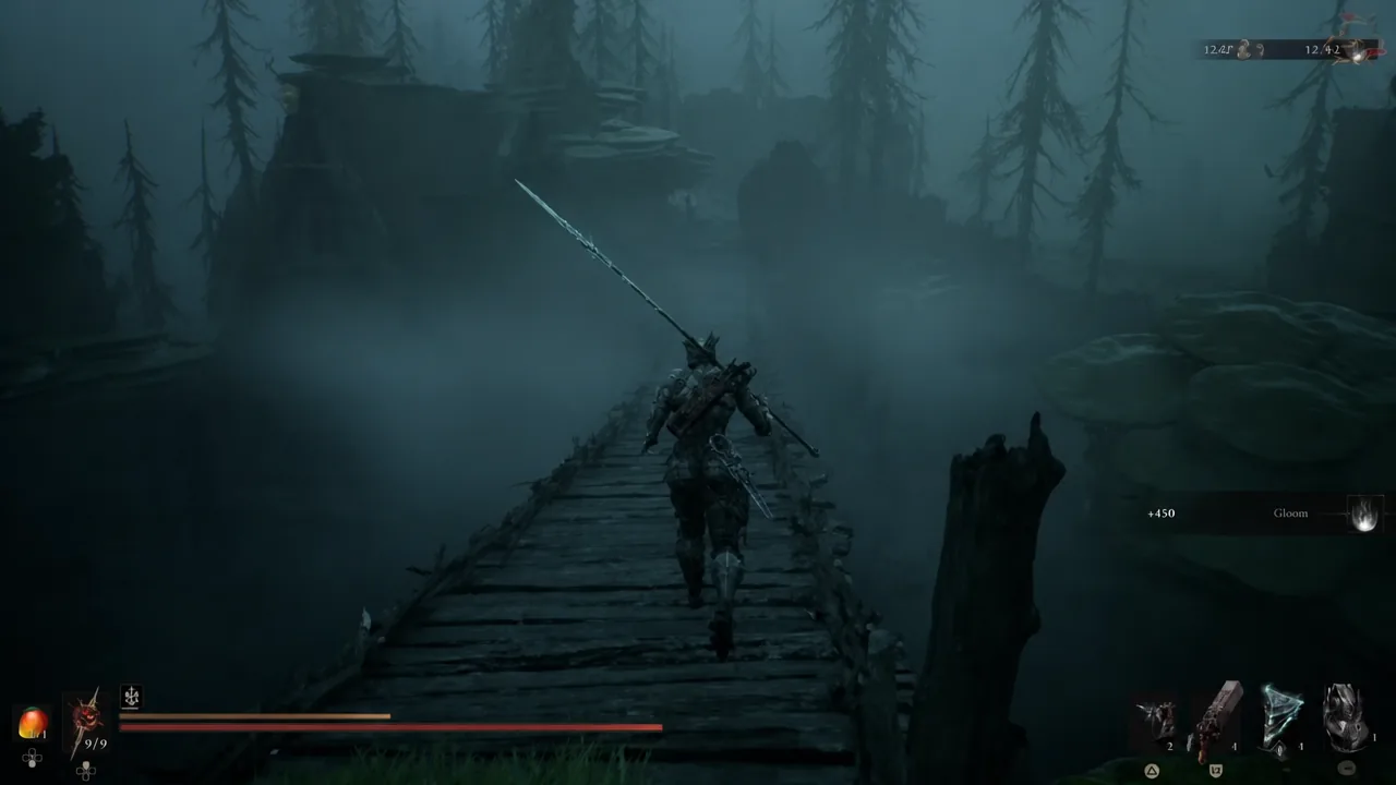 Player character crossing the wooden bridge from the Sunken Village beacon toward the sheep pen