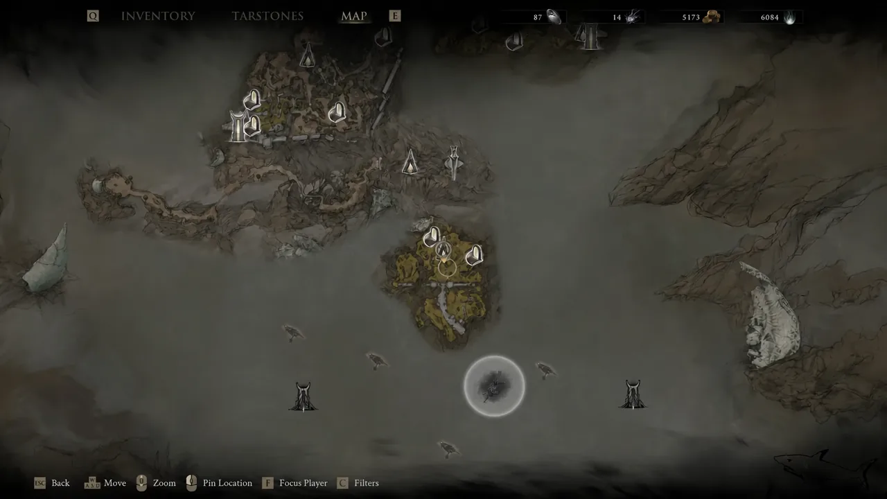 Map screen with a cursor highlighting the Outskirts of Mammon travel point on the central island