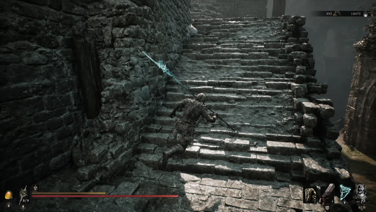 Player climbs stone steps toward the Castigator's Keep area with a hooked weapon drawn