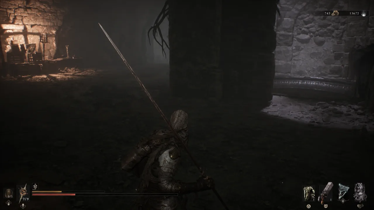 Armored enemy with sword and shield closes in during a fight in the dungeon