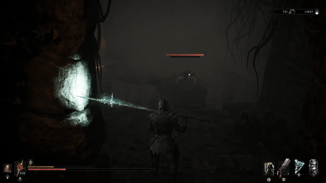 Aiming a glowing weapon at an enemy in the final chamber of the dungeon