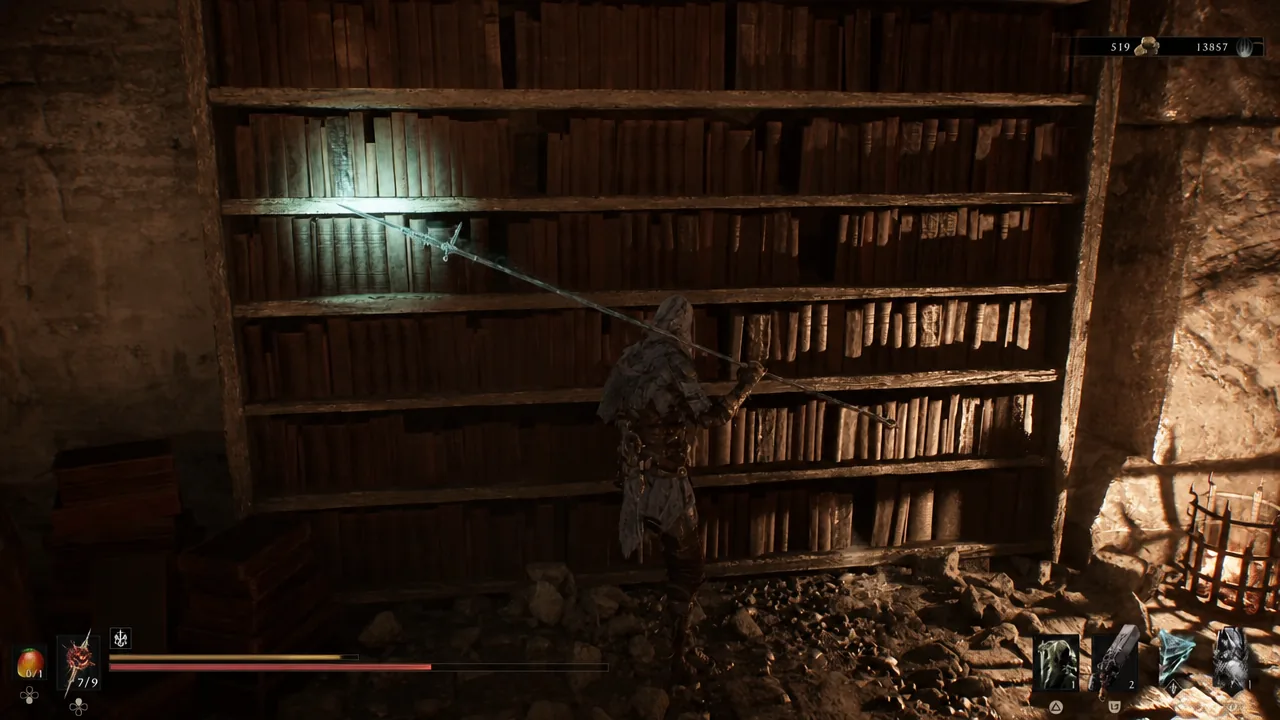 Swinging a long weapon into the wooden bookshelf blocking the hidden passage
