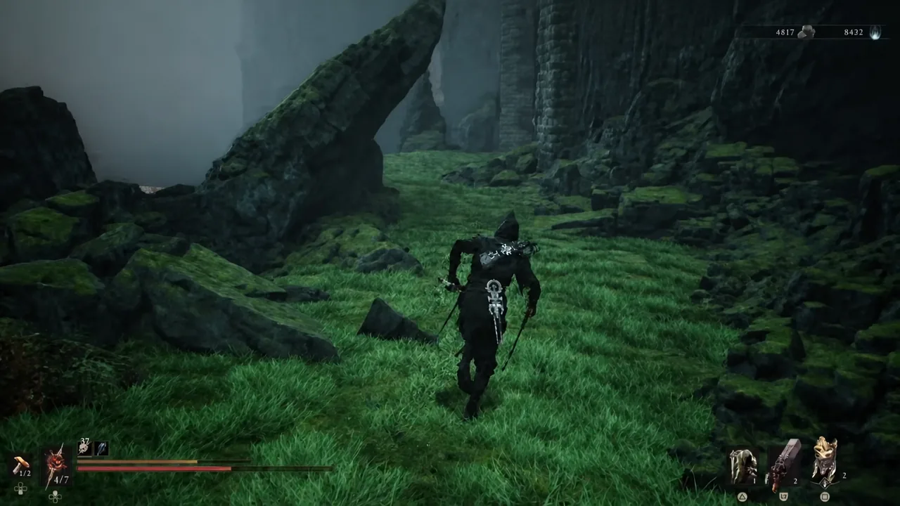 Running back through the grassy ruins of the Outskirts of Mammon toward the catapult