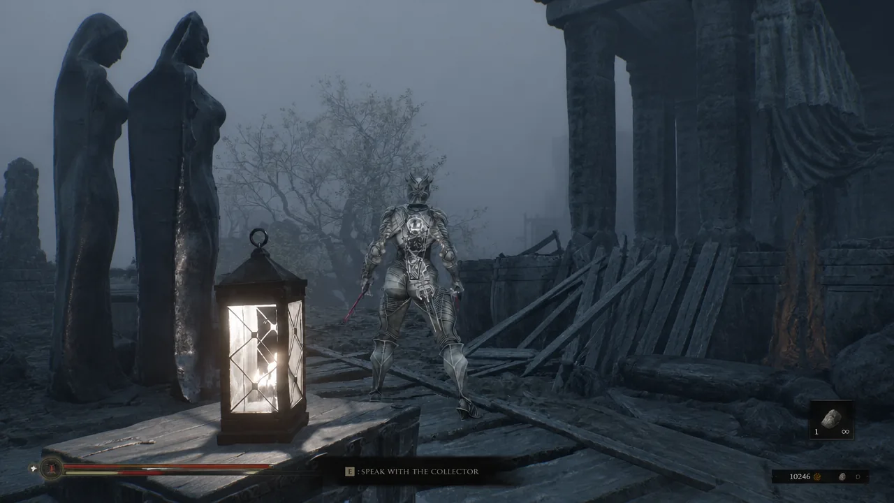 Interaction prompt reading "E: Speak with the Collector" while standing in front of the NPC