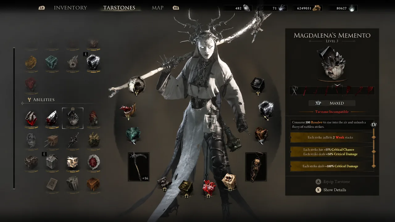 Tarstones menu with Magdalena's Memento selected and its level 3 stats shown