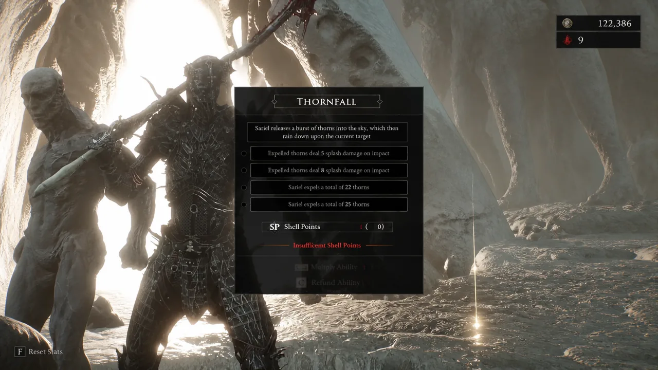 Thornfall ability screen showing upgrade nodes with insufficient Shell Points to purchase one