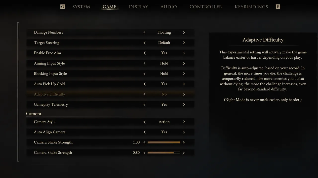 Game settings tab with the Adaptive Difficulty option highlighted and set to No