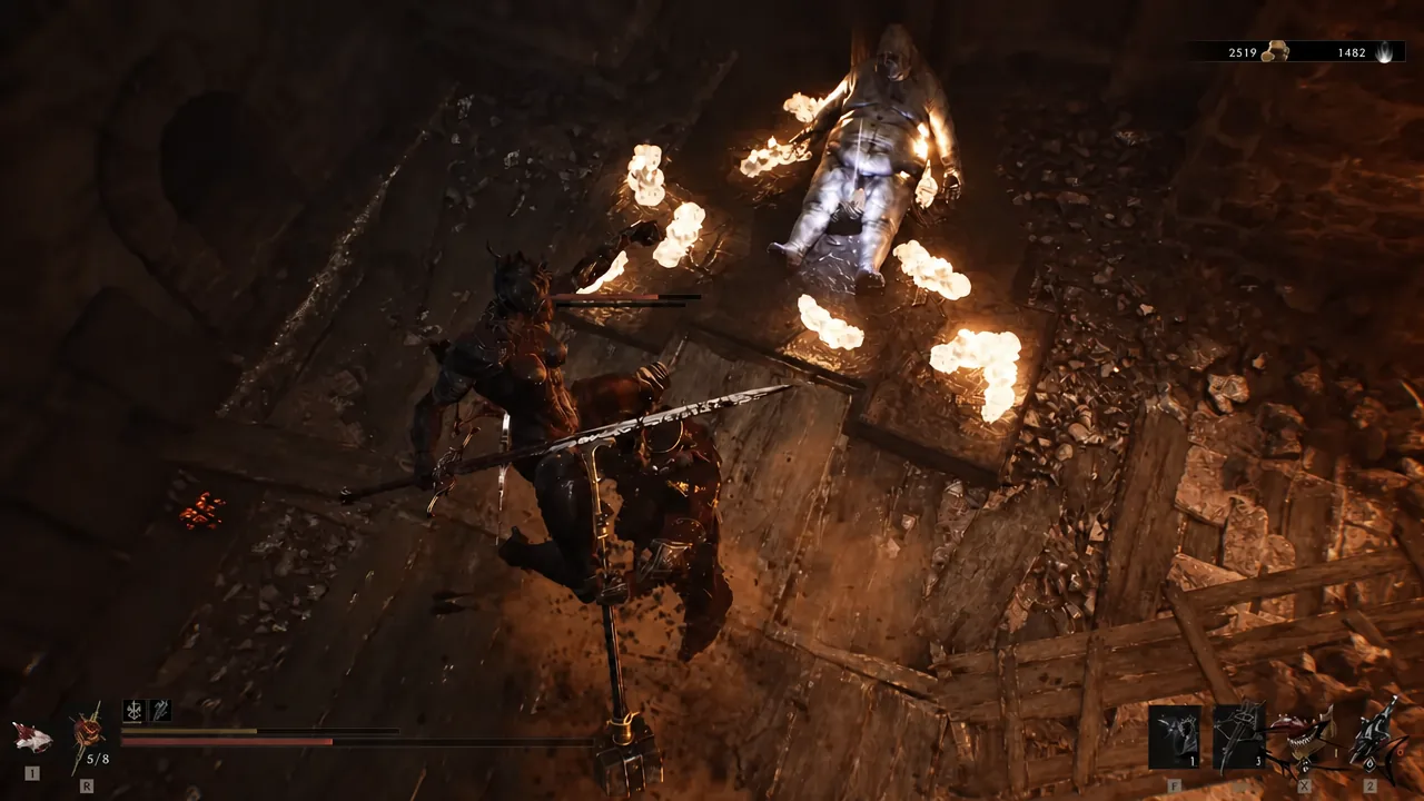 The Harbinger swinging at a burning enemy inside the Mammon ruins with the combat HUD on screen