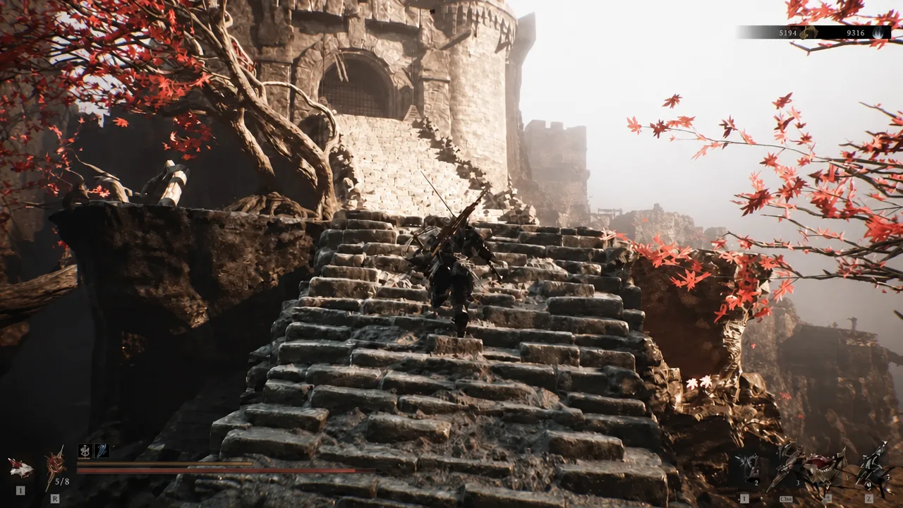 The Harbinger climbing stone steps toward the castle structure on the way into Sister's Refuge