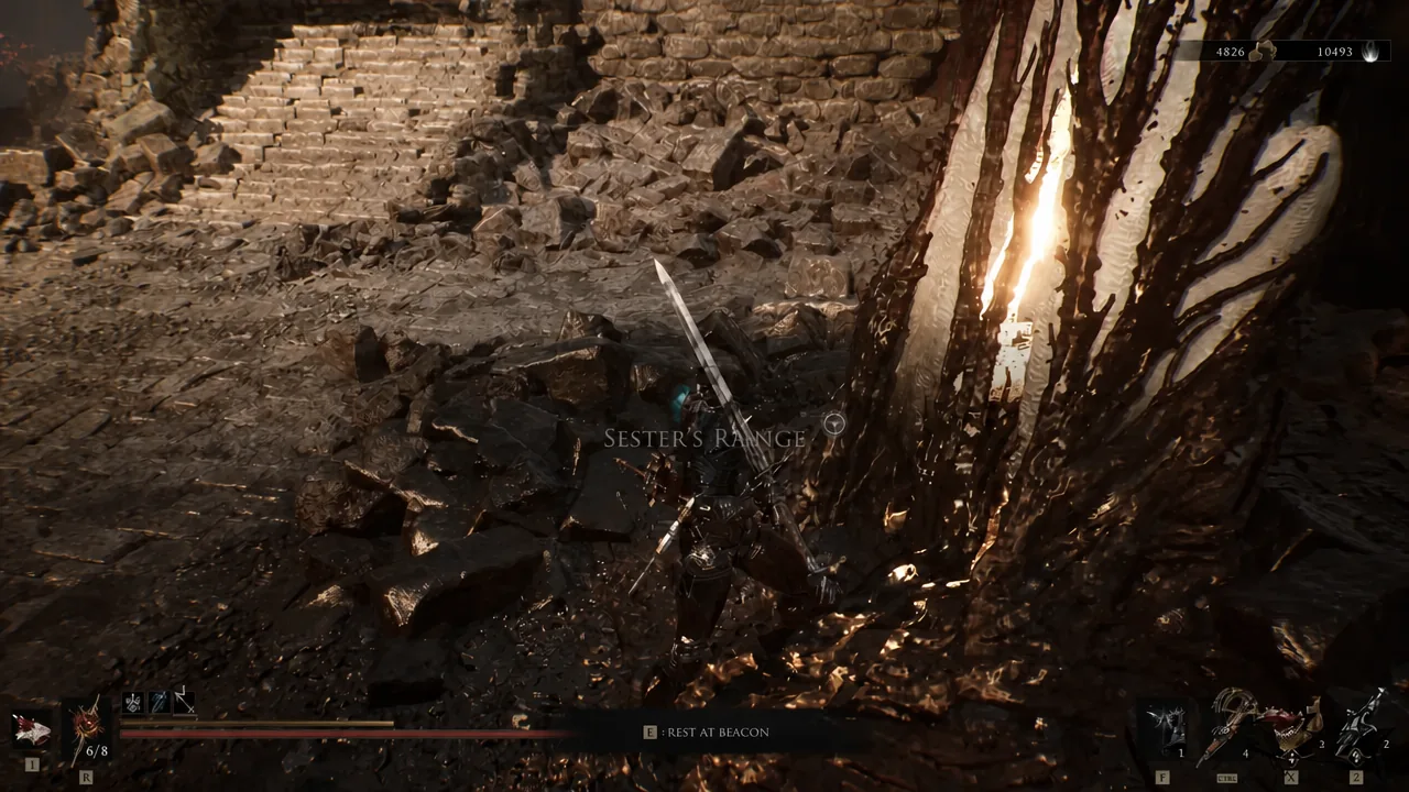 A beacon in the refuge area with the on-screen prompt to press E and rest at it