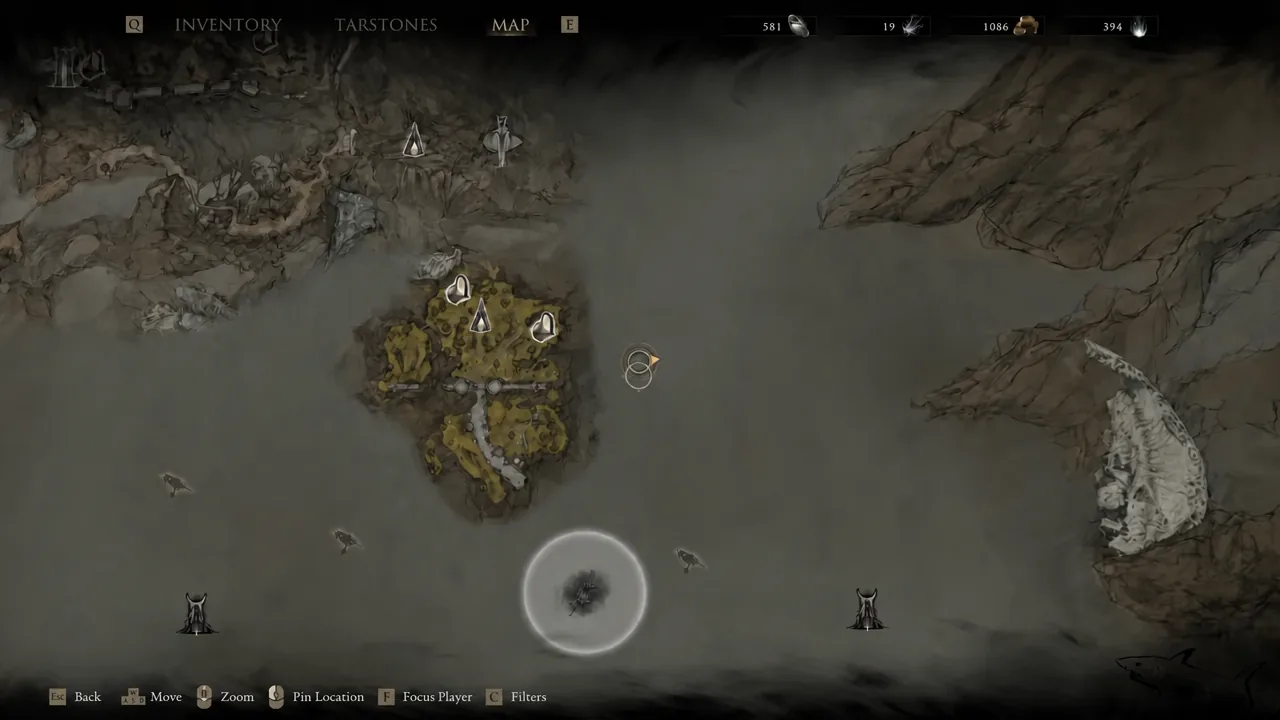 The map screen open on the MAP tab with the cursor sitting over a fogged section of Mammon