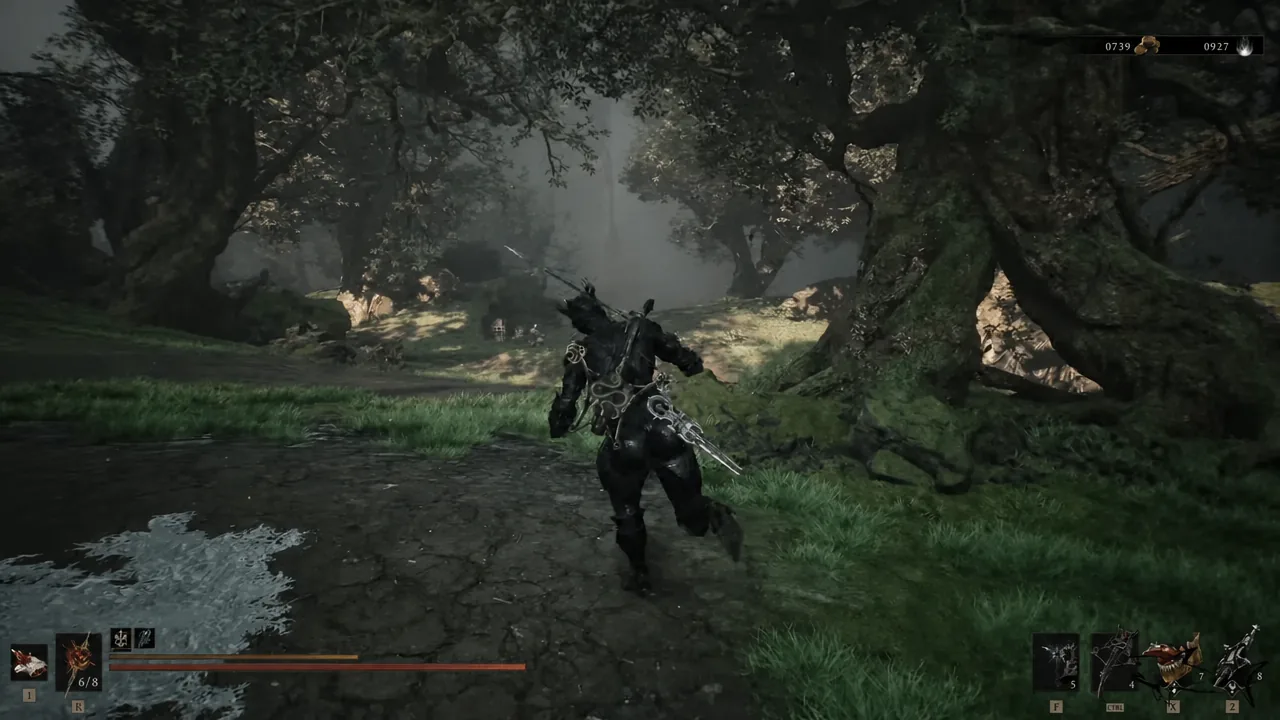 Third-person view of the Harbinger running down the wooded slope west of the Outskirts of Mammon beacon