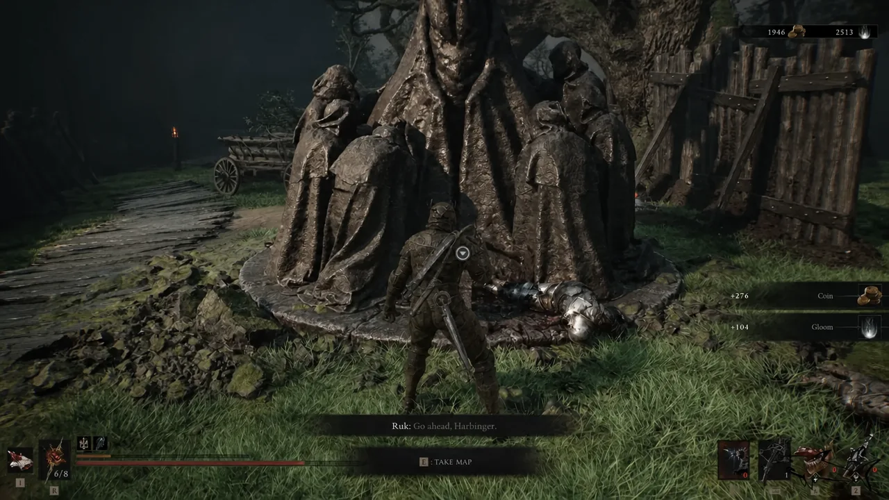 The Take Map interaction prompt displayed at the statue monument holding the Map of Mammon 5