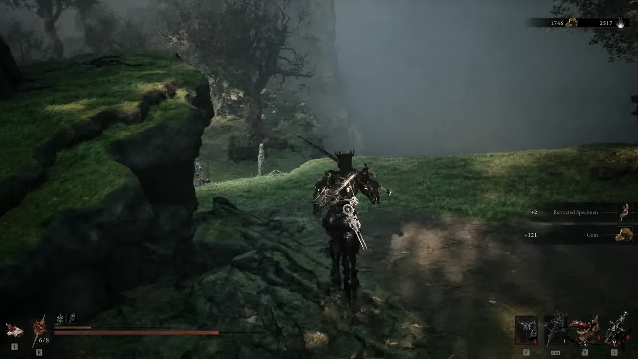 Riding along the misty cliffside path toward the wooden bridge, with pickup notifications on screen