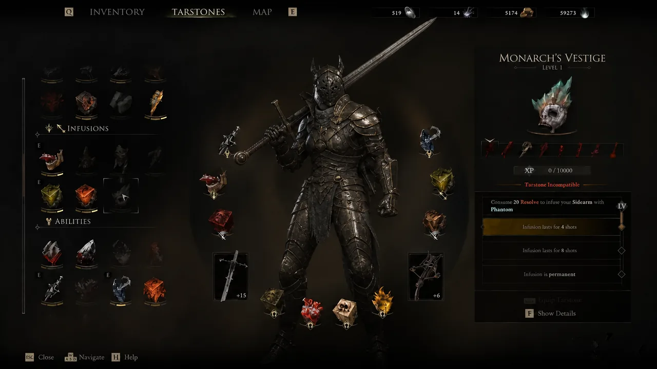 Tarstones menu with Monarch's Vestige selected and the four-shot infusion line highlighted