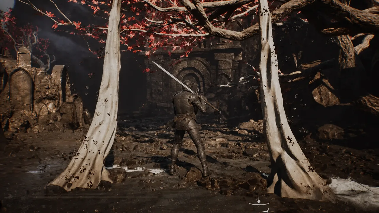 Player character trading sword blows with an enemy in the ruined graveyard courtyard