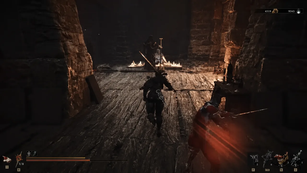 Player pushing past a candlelit altar while an enemy attacks in the dark village