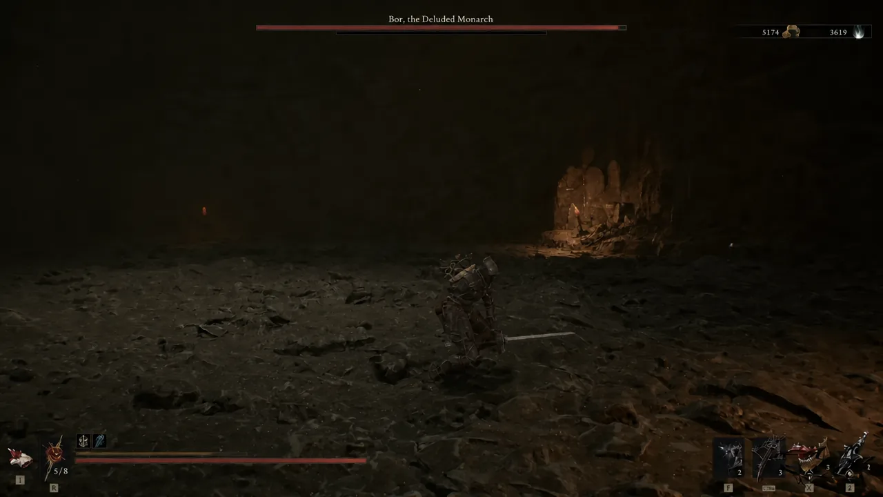 Boss encounter against Bor, the Deluded Monarch inside a dark cavern