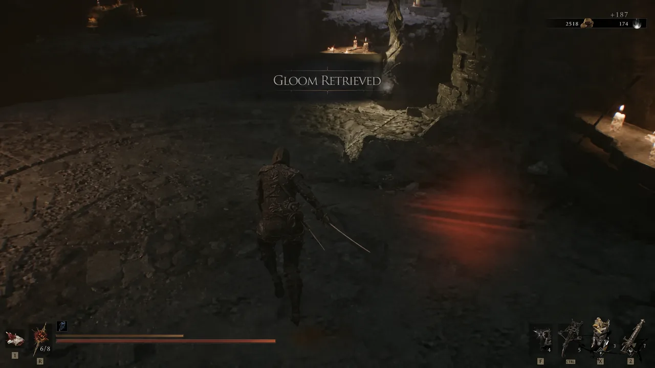Gameplay screen reading Gloom Retrieved as the character gathers Gloom in a dark cavern of the Bastion