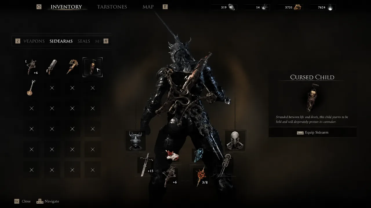 Inventory screen showing the Cursed Child sidearm with the equip sidearm option