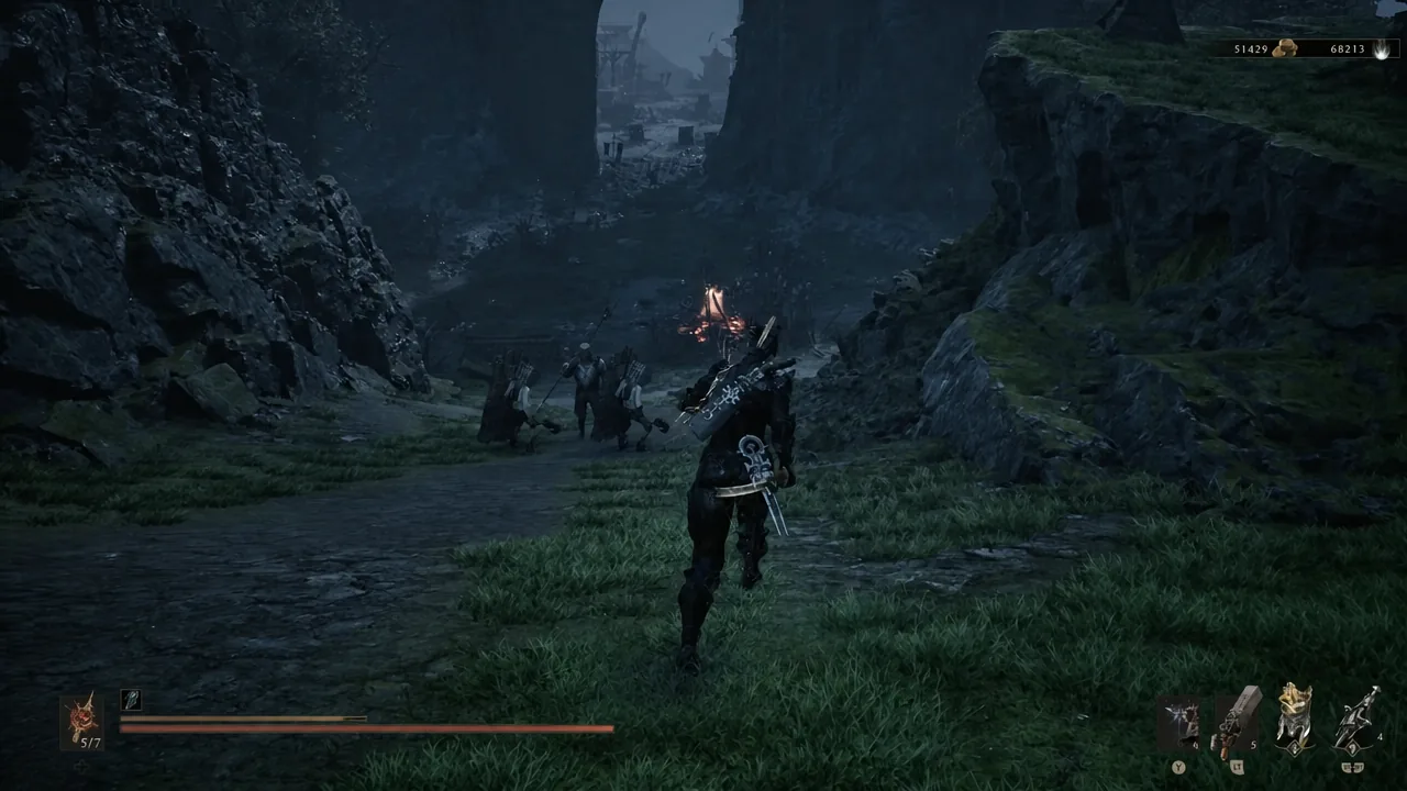 Player character advancing along a path toward enemies inside the endgame area