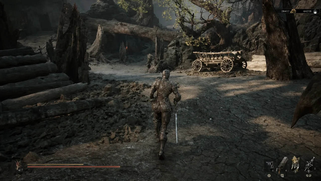 Armored character moving along a rocky path toward a wooden cart