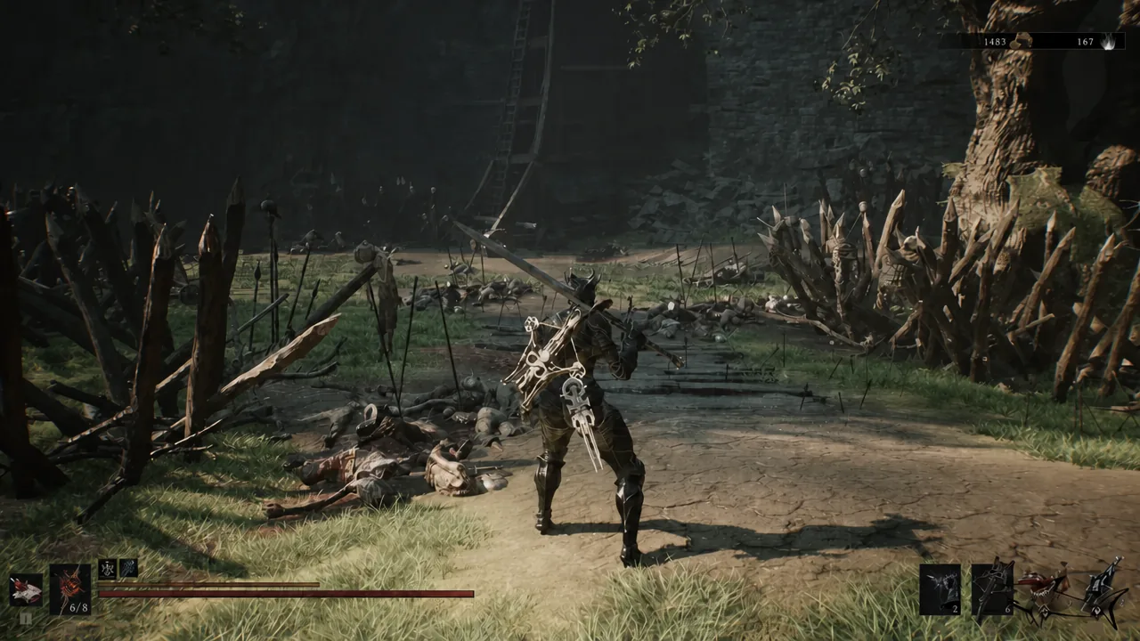 Player character running across open ground away from the Outskirts of Mammon beacon
