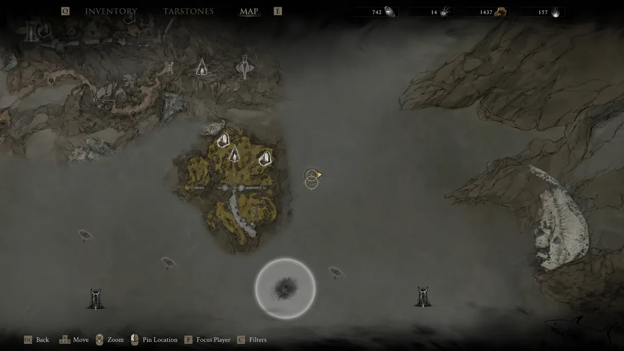 Open world map screen with the player marker on the isolated eastern cliffside after teleporting