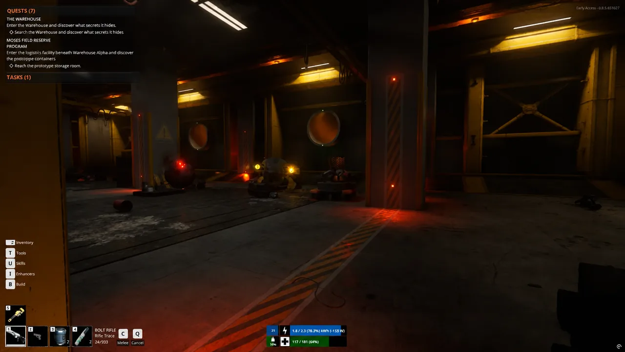 First-person view inside the warehouse with the Bolt Rifle equipped in the first weapon slot