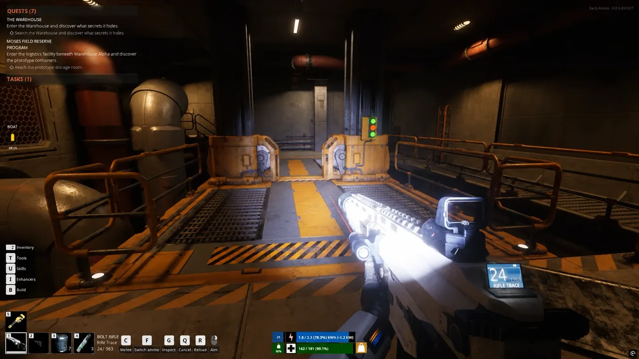 Quest tracker showing warehouse objectives while approaching the prototype storage room