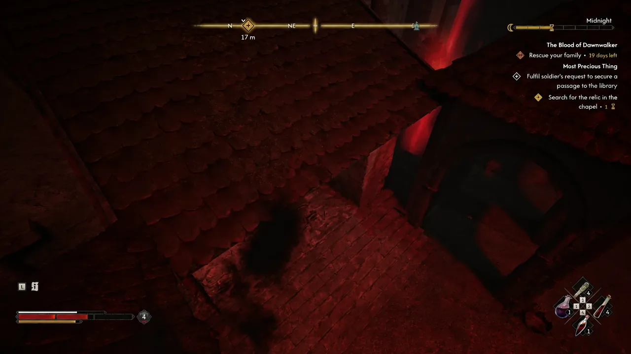 Quest tracker reading Search for the relic in the chapel with the objective marker 17 metres ahead