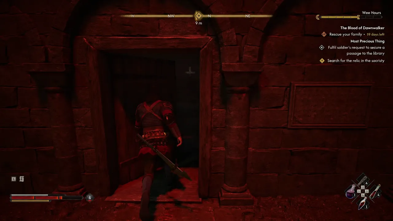 Coen stepping through a doorway as the tracker reads Search for the relic in the sacristy