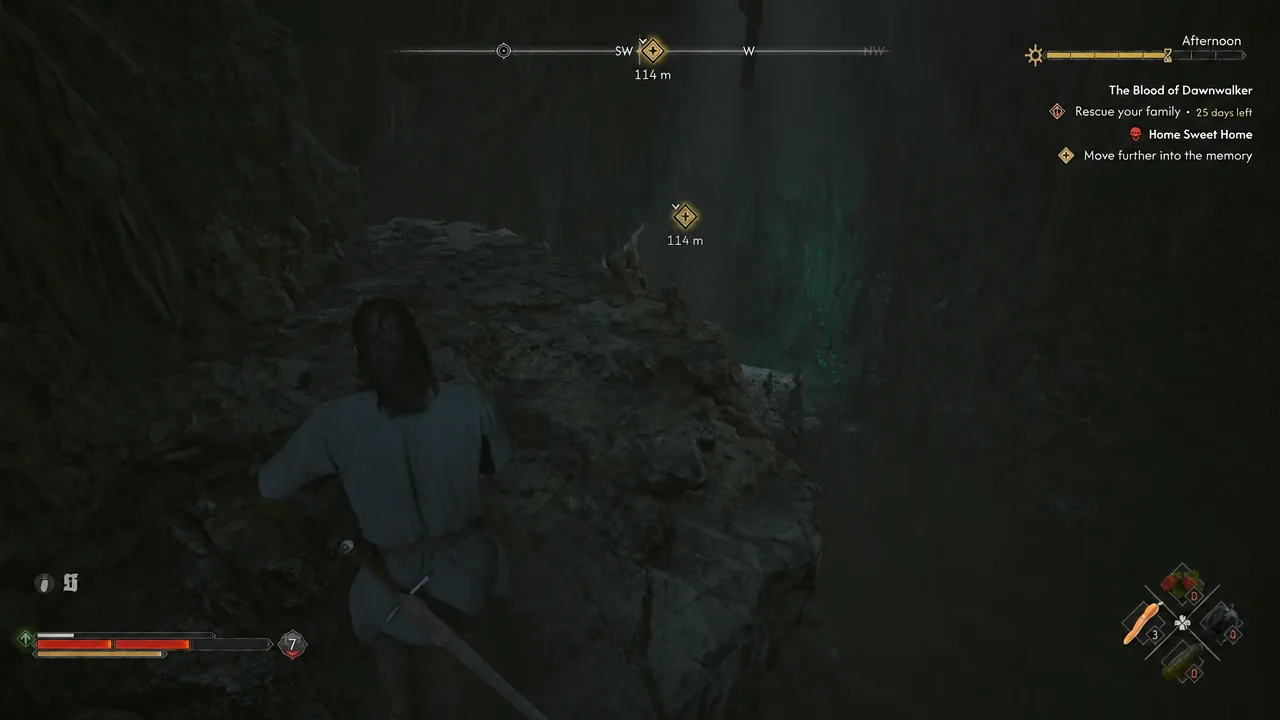 Quest tracker showing Move further into the memory while Coen crosses a dark cavern toward the 114 m marker