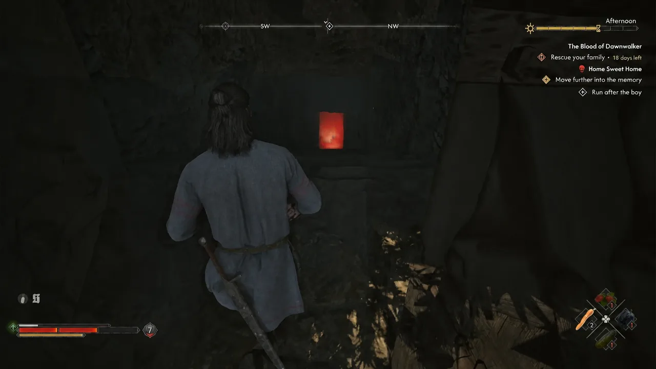 Coen runs down a dark passage toward a glowing red doorway with the memory objective on screen