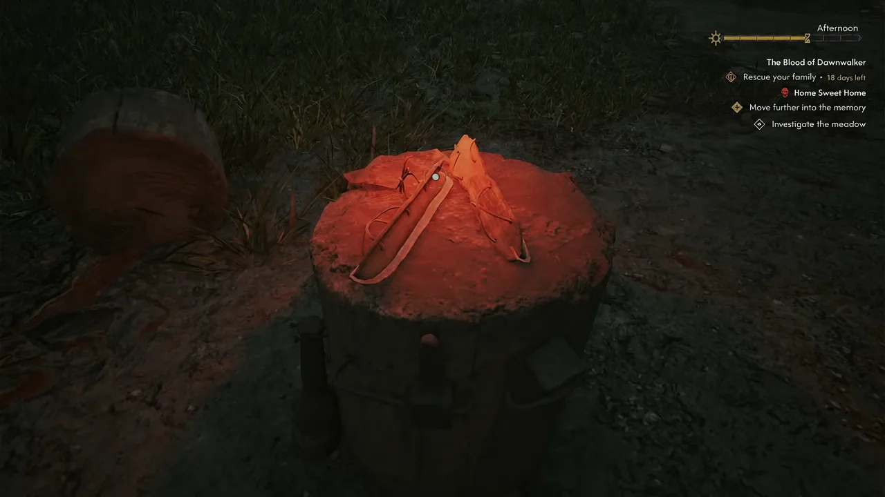 Investigate the meadow objective on screen while the highlighted item on the tree stump is examined