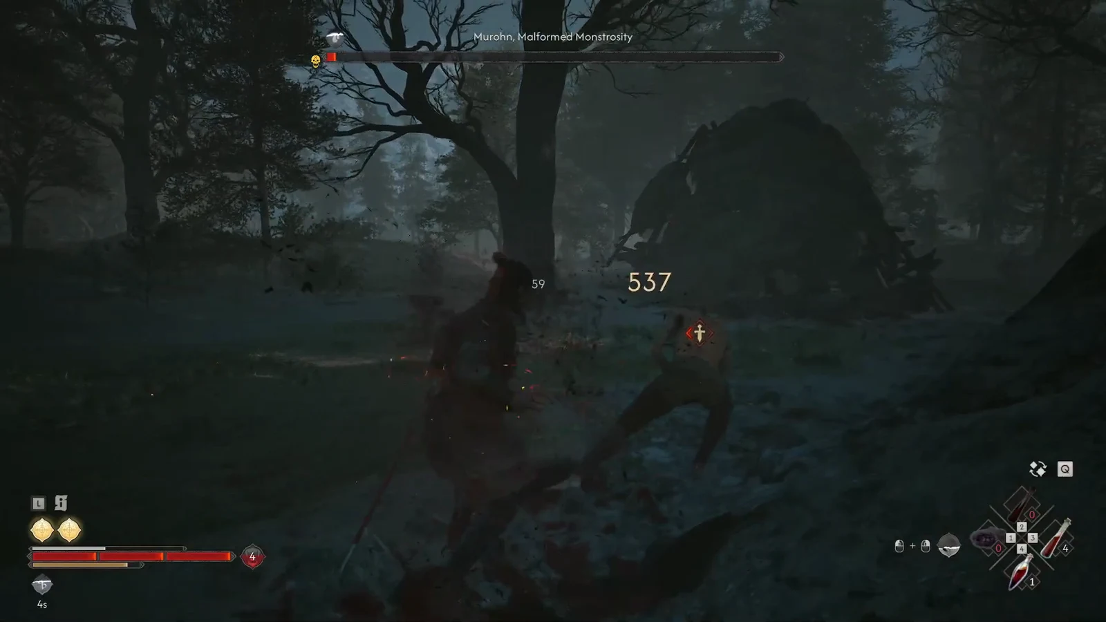 A 537-damage hit landing on Murohn as the boss health bar nears empty