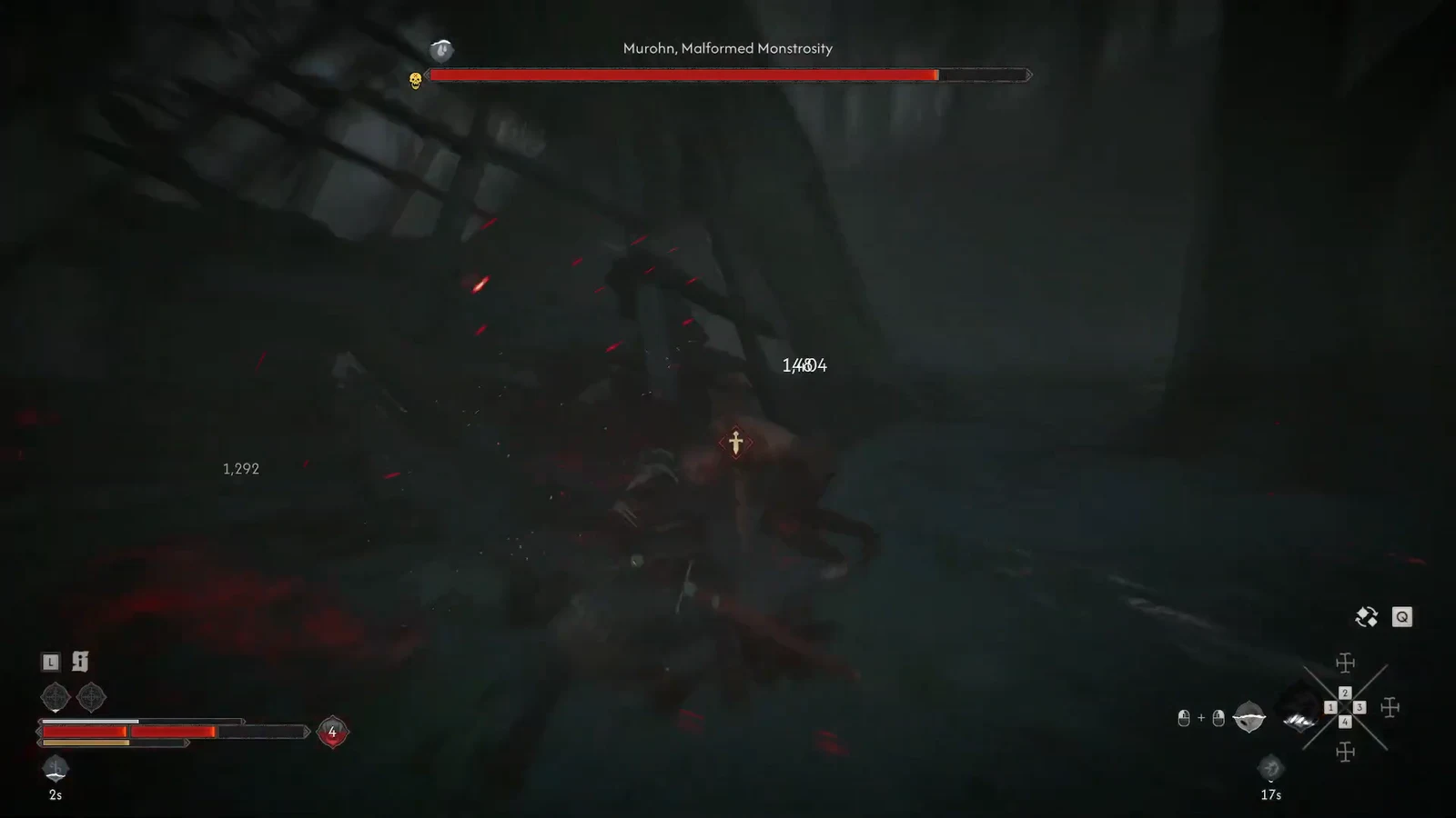 Murohn's boss health bar draining as damage numbers appear over the creature