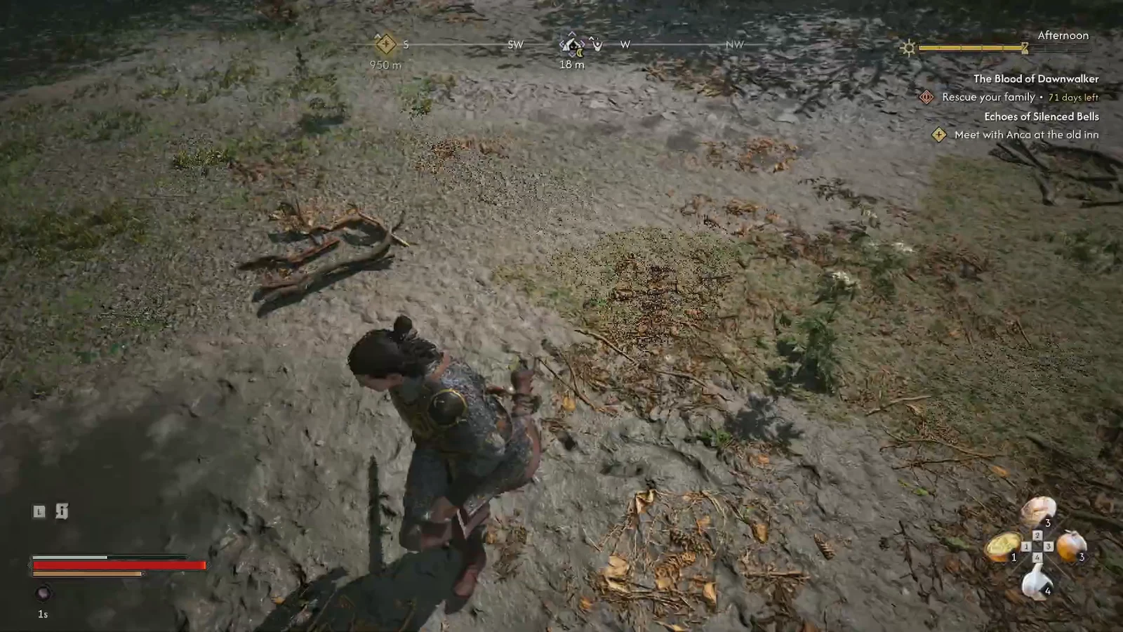 Coen crouched in the forest with an objective marker 18 meters ahead near the lair entrance