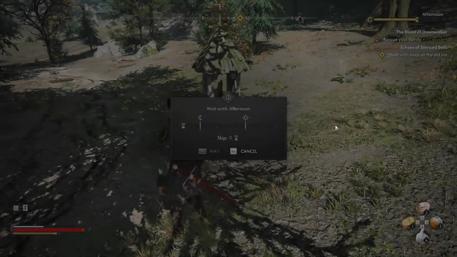 Shrine wait prompt showing the next time block with WAIT and CANCEL options