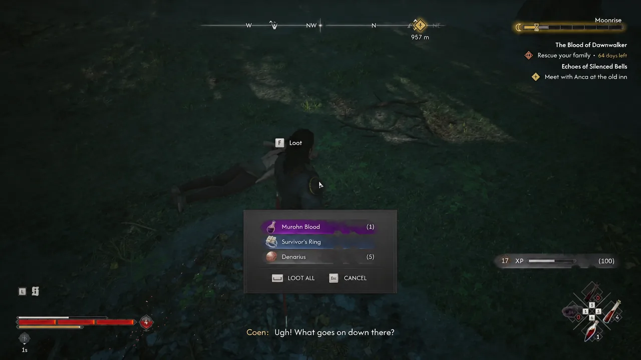 The Loot screen after the kill, with Murohn Blood at the top of the list and Loot All ready.