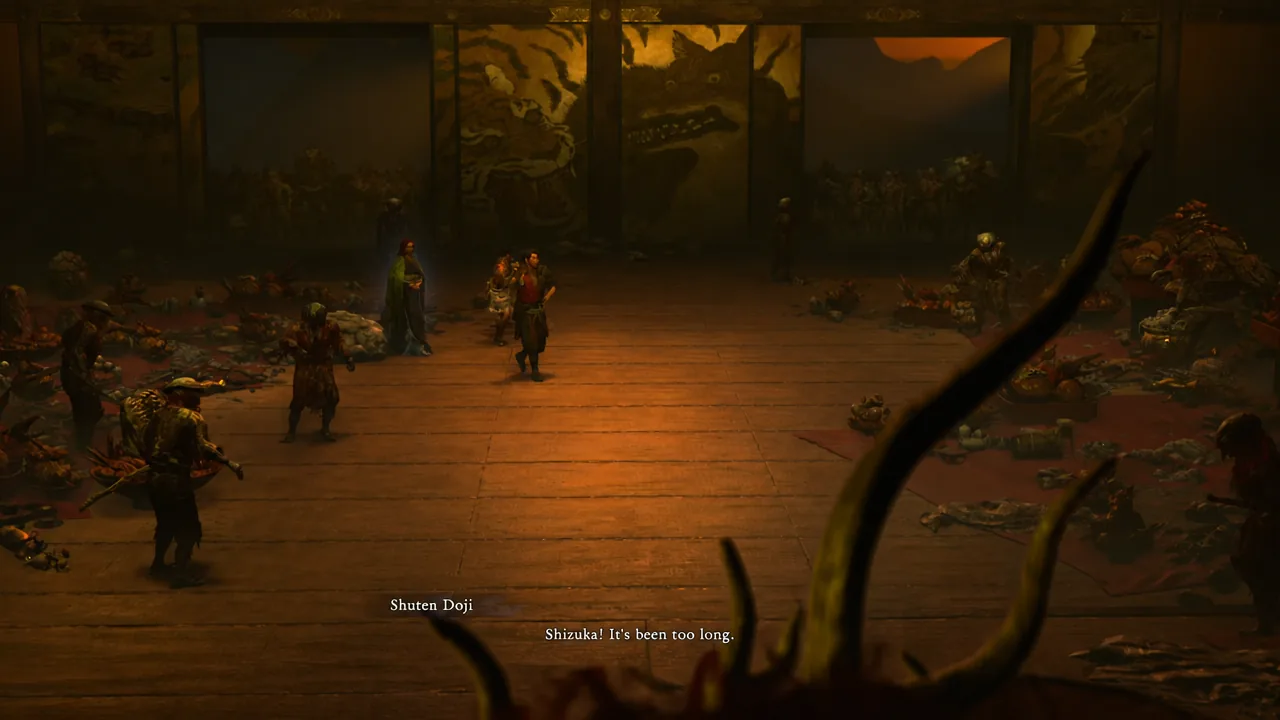 Shuten Doji speaks to Shizuka across the temple hall before the fight begins