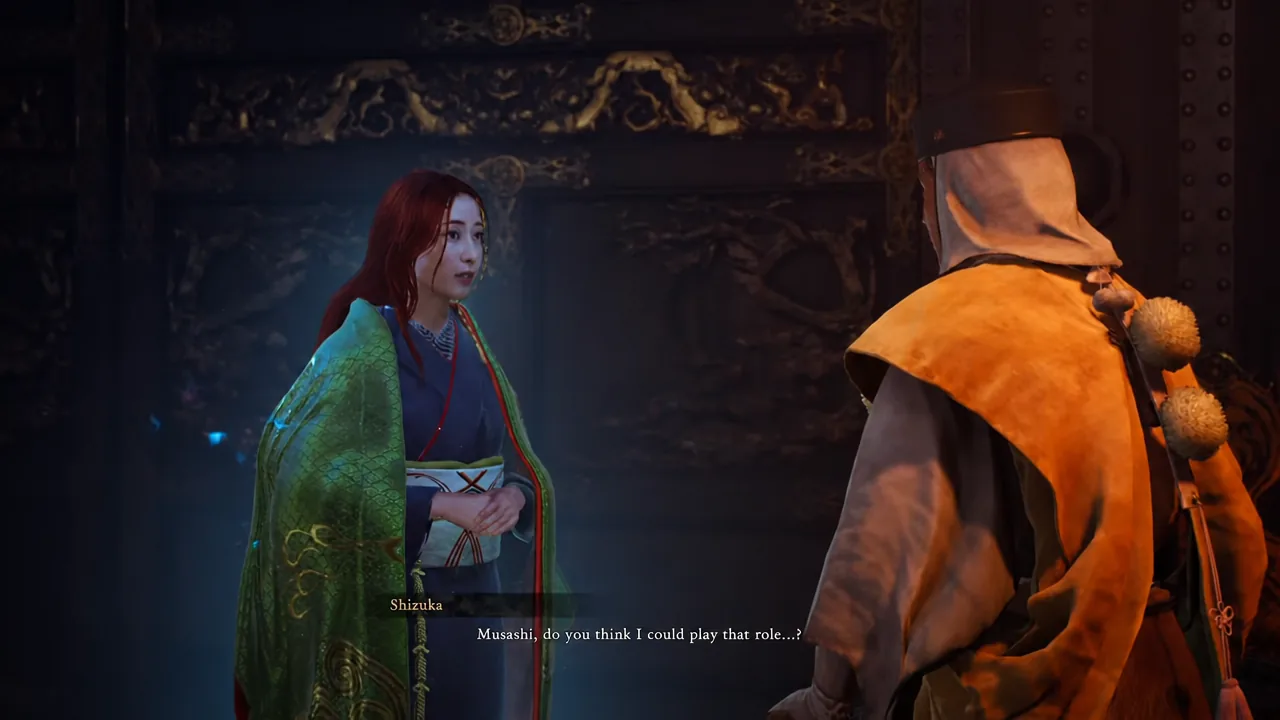 Shizuka talks to Musashi in a dialogue scene as the plan to enter the temple comes together