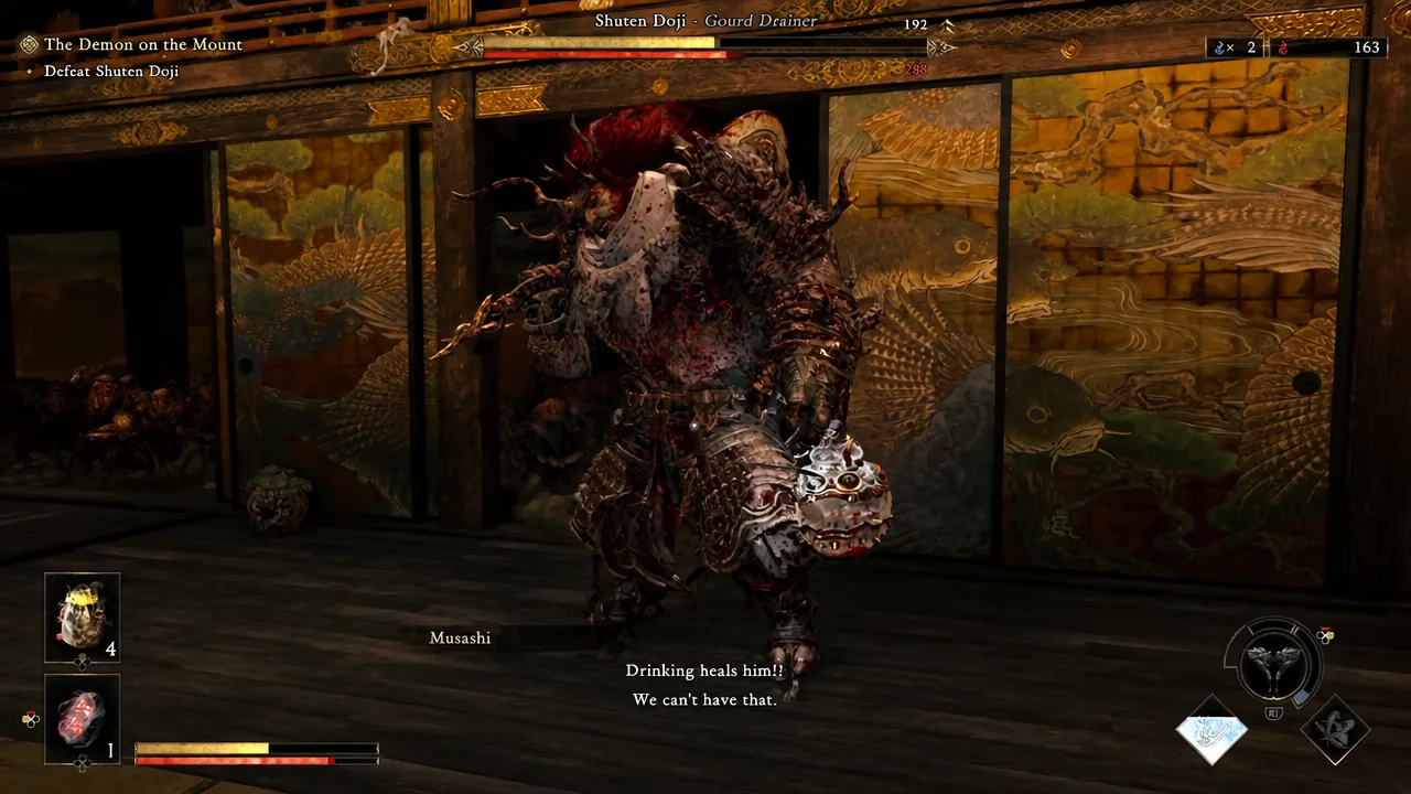 Shuten Doji tips his gourd to heal during The Demon on the Mount boss fight