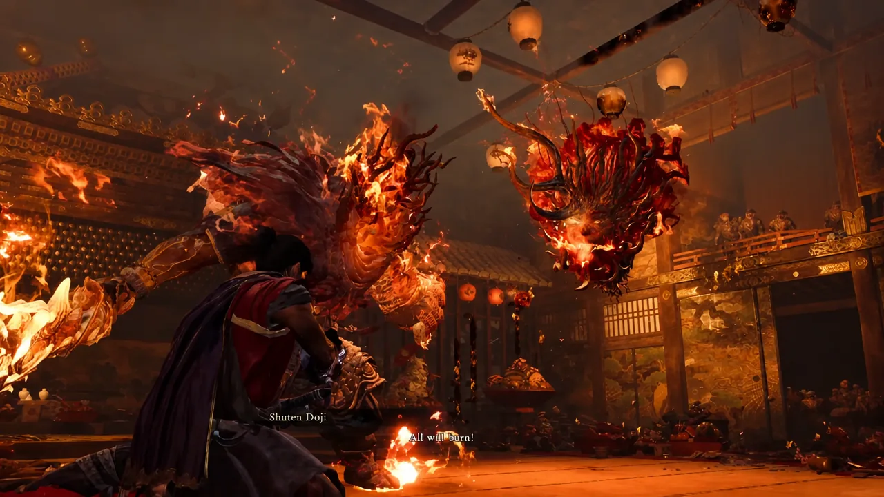 Musashi fights Shuten Doji amid flames during the third phase of the boss battle