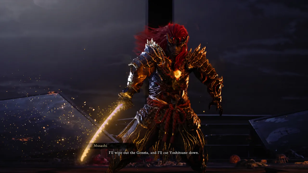 Musashi in a cutscene stating he will wipe out the Genma and cut down Yoshitsune